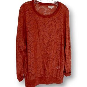 Umgee Lace LS Sweatshirt Pumpkin Ribbed Cuffs Hem M‎